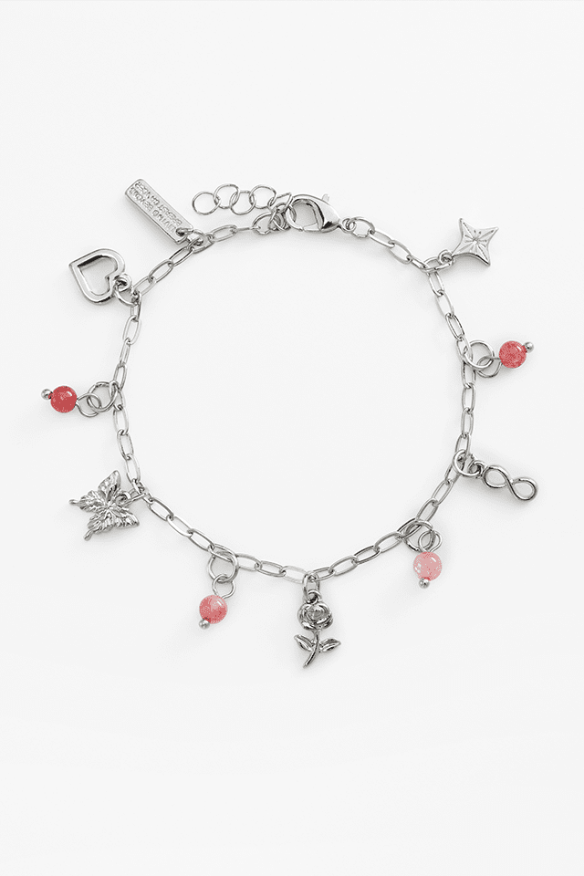 A silver bracelet with charms.