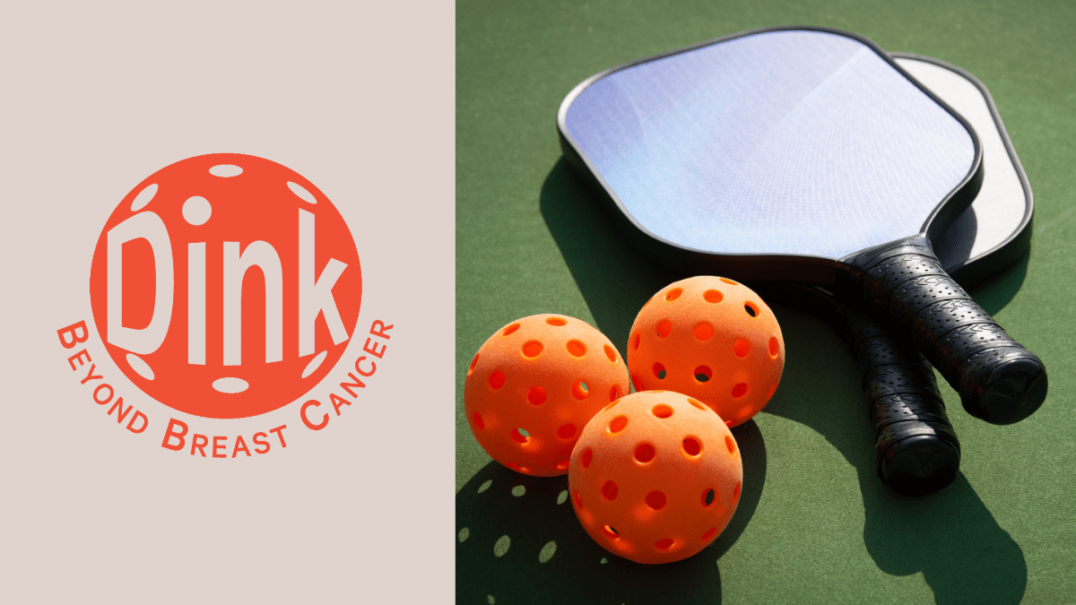 Logo that reads: Dink Beyond Breast Cancer. Image of a Paddle and orange pickleball balls.